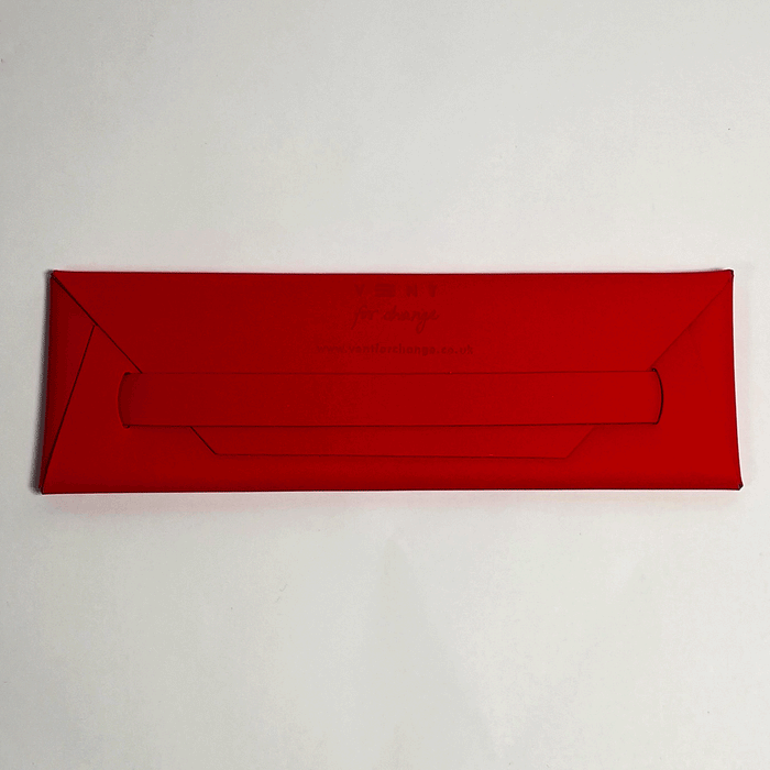 red recycled leather pen & pencil pouch without packaging in front of a white background
