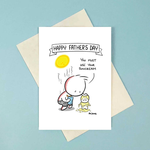 greeting card with drawing of a man shielding his child from the sun applying suncream to him