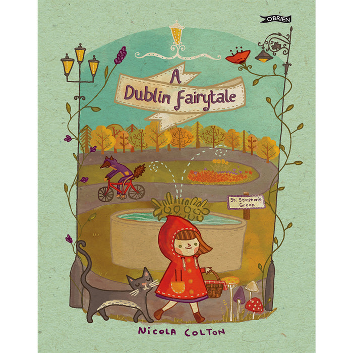 book cover with illustration of st. stephen's green in dublin and girl in red coat in the foreground.