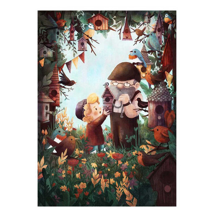 Old man with beard and hat and young child with bllond hair and hat holding a birdhouse, surrounded by birdhouses, flowers, birds and foliage