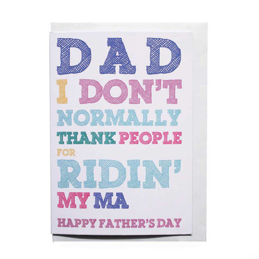 fathers day card with white envelope on white  background. large blue, yellow, green and pink text fills the whole page.