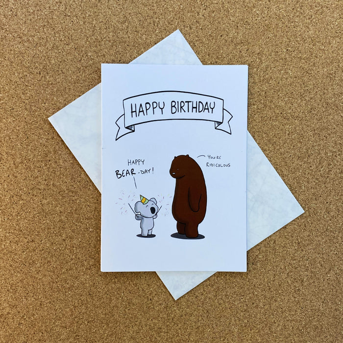 a koala trying to celebrate a grizzly bear's birthday - a card by rob stears 