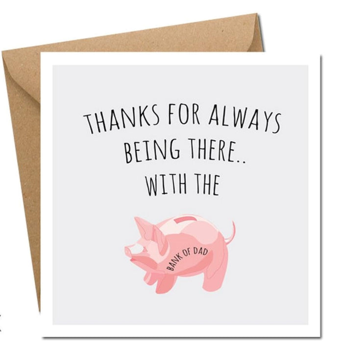 fathers day card with brown envelope on white background. black text and cartoon image of piggy bank reading 'bank of dad'.