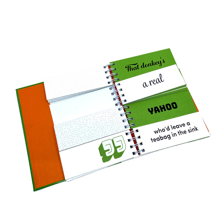 open spread of pages in the book. The inside cover is orange. the flip book pages are open in four slots alternating white and green with text from the book on each. the four slots read ' that donkey's a real yahoo who'd leave a teabag in the sink'