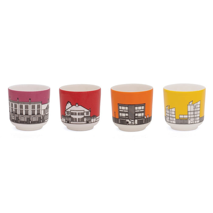 Eclectic avenue fine bone china egg cups with architectural illustration and bright colours, pink, red, orange and yellow. Made by People Will Always Need Plates