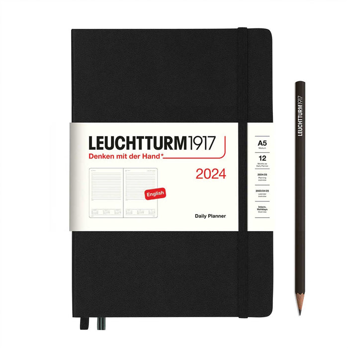black 2024 daily planner Leuchtturmm1917 notebook with black pencil and black elastic fastener