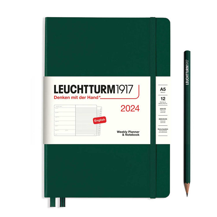 green 2024 weekly planner and notebook leuchtturm 1917 diary with green pencil to right
