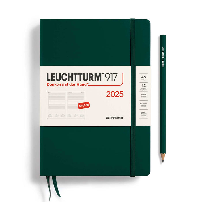 2025 daily diary, forest green with white paper title banner,  forest green elastic and two forest green ribbons