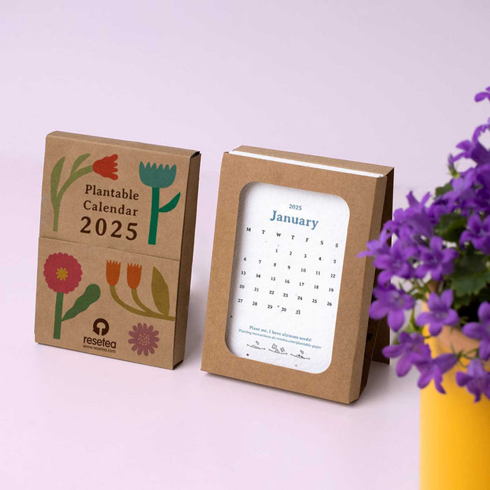 TWO 2025 PLANTABLE CALENDARS, ONE CLOSED WITH 4 FLOWERS ON PACKAGE. THE OTHER OPEN SHOWING A JANUARY PAGE. YELLOW VASE OF PURPLE FLOWERS TO THE RIGHT