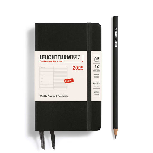 Small a6 black 2025 diary with white paper title and, black elastic, two ribbon page markers and black pencil to right