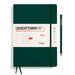 Green 2025 weekly planner and notebook, with white paper product banner, green elastic band, two ribbon page markers and green pencil to right of notebook