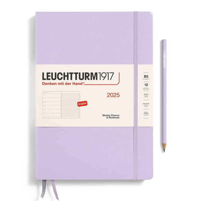 Lilac 2025 weekly planner and notebook, with white paper product banner, lila elastic band, two ribbon page markers and lilac pencil to right of notebook