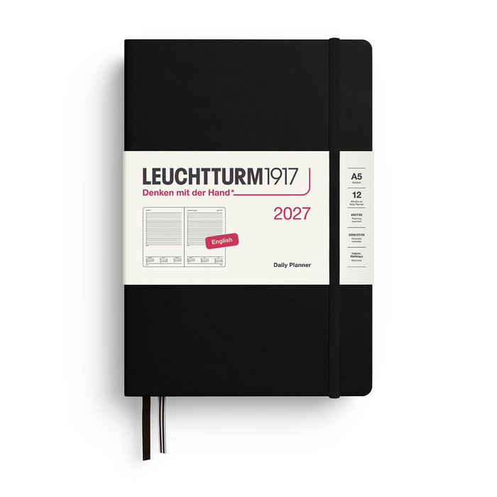 A Leuchtturm1917 2027 daily planner in matte black with a white paper band around the middle, shown on a clean white background.