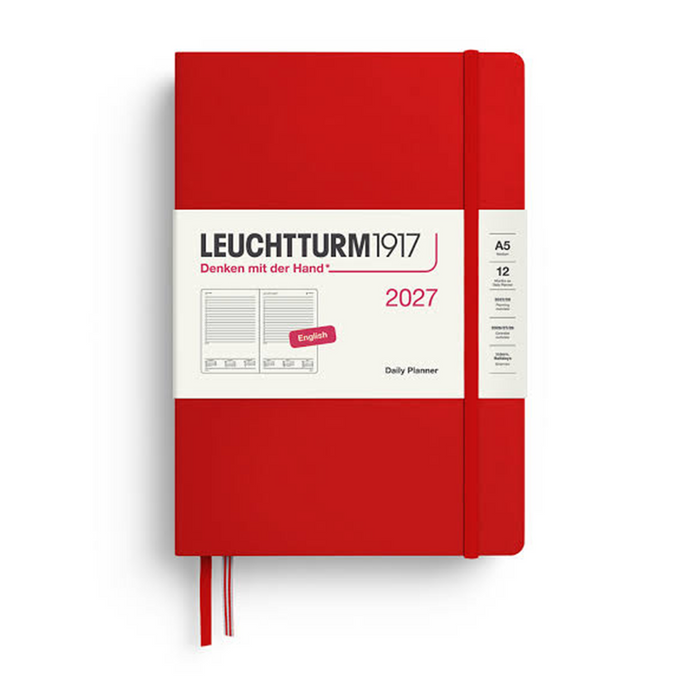 A red Leuchtturm1917 2027 daily planner with a white paper sleeve label, shown on a clean white background.