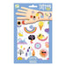 light blue pack of weather emoji temporary tattoos with a pink hand on pack cover with a rainbow, moon and sunflower temporary tattoo on the hand