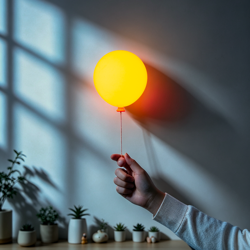 A hand holding a glowing yellow balloon-shaped string light against a wall with window shadow patterns, with small potted plants on a wooden cabinet below.