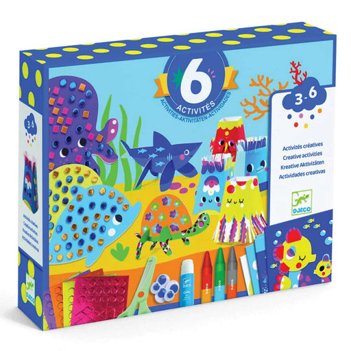 6 activities playset blue product box with purple octopus, blue fish and green turtle on front of box covered in stickers 