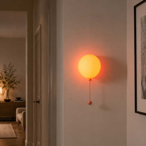 A modern spherical wall sconce with a glowing orange-yellow light, mounted on a beige wall in a hallway.