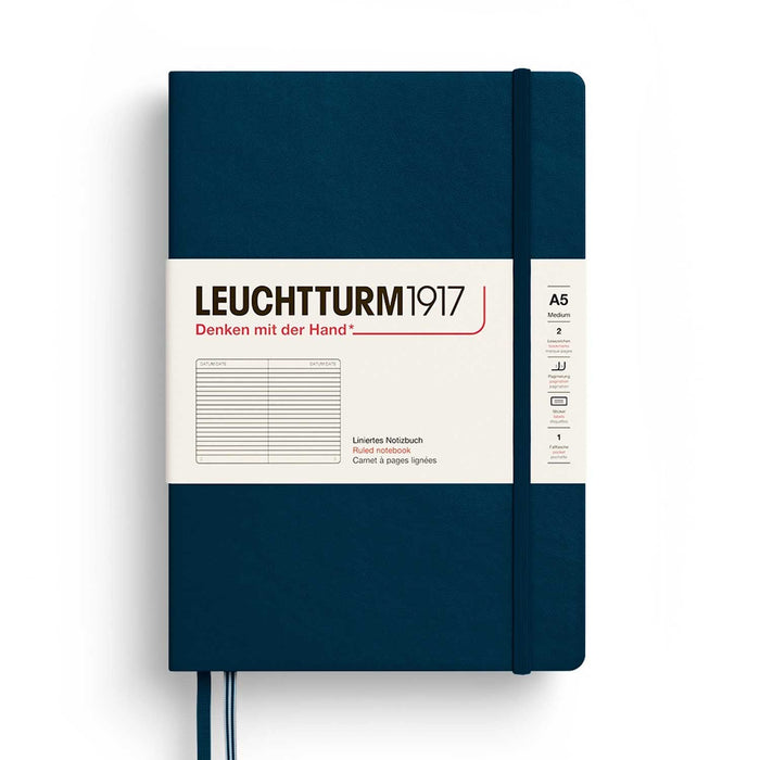 Blue notebook with white label featuring 'Leuchtturm1917' on a white background