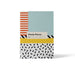 weekly planner notebook with yellow horizontal strip on ocver , red and white stripes, blue and black and white dots too