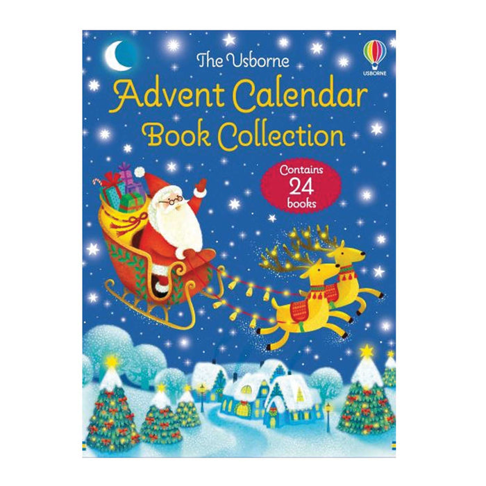 Advent Calendar Book Collection book cover blue with snowy trees and house along bottom and Santa in sleigh with two reindeers flying above houses