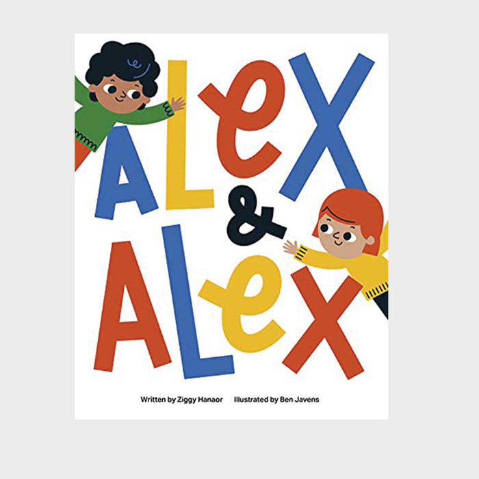 Alex & Alex book cover with two children on cover one in top right with black hair and green jumper waving to other child on bottom right with red hair and yellow jumper