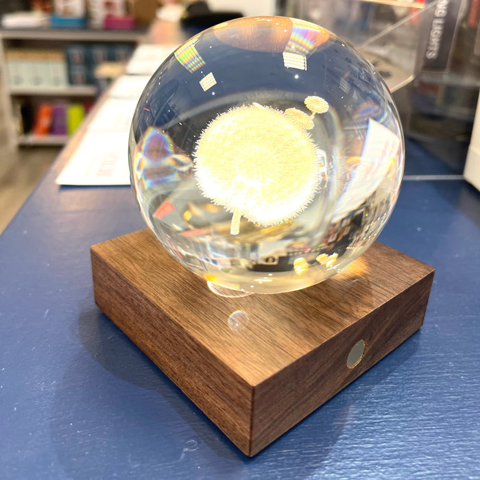 Clear glass sphere with a wooden base on a blue surface