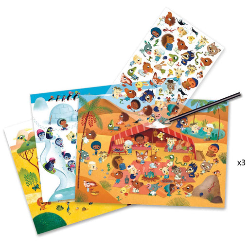 Around the World - Rub On Transfer Set pack showing 3 sheets with a desert a safari aand a snowy landscaped above the sheets is a clear sheet with different animals on it and pencil