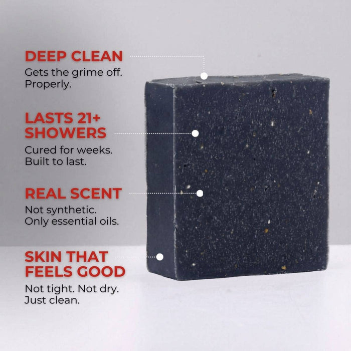 Black soap bar with text highlighting its features on a gray background
