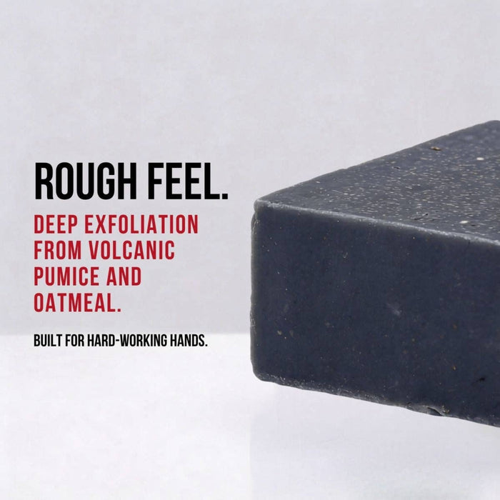 Bar of soap with text describing its exfoliating properties on a white background
