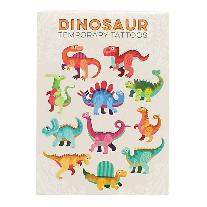 Pack of dinosaur temporary tattoos with colorful designs on a white background