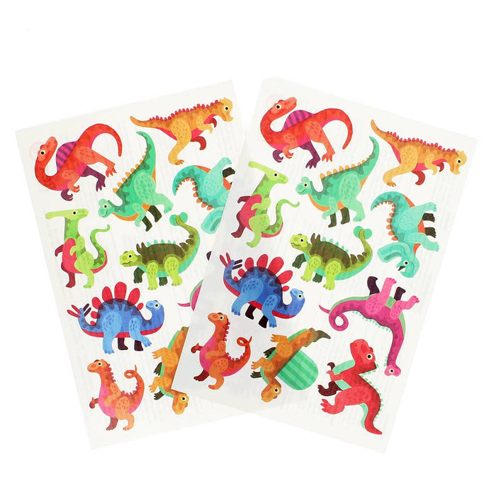Two sheets of colorful dinosaur stickers on a white background