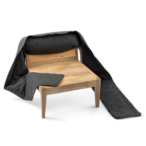 square wooden chair with dark grey felt back rest and soft material arms