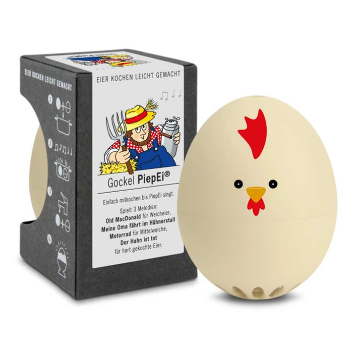 egg shaped egg timer, white with rooster face on front and grey product box to left