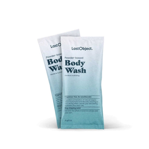 Two Body Wash packets blue with dark blue writing