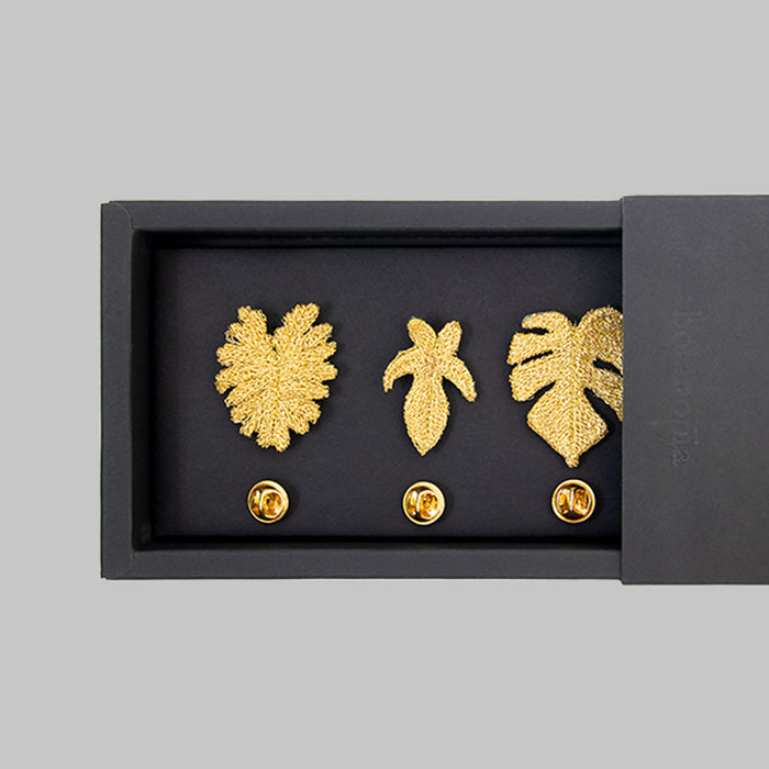 Golden Tropical Leaves Embroidered Brooches - Set of 3