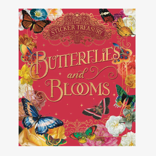Butterflies and Blooms Sticker treasury book cover. Red with golden text and butterflies and flowers framing the book title