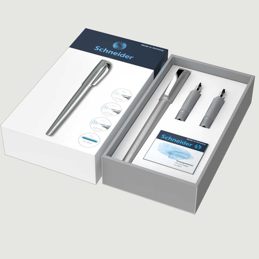 Schneider pen set with pen, ink cartridges, and packaging on a light gray background