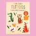 Packaging of temporary tattoos with colorful animal illustrations on a beige background