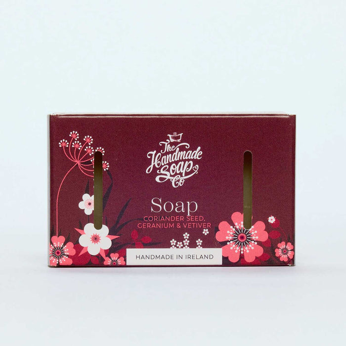 coriander geranium and vetiver soap packaged in a wine coloured box with floral print