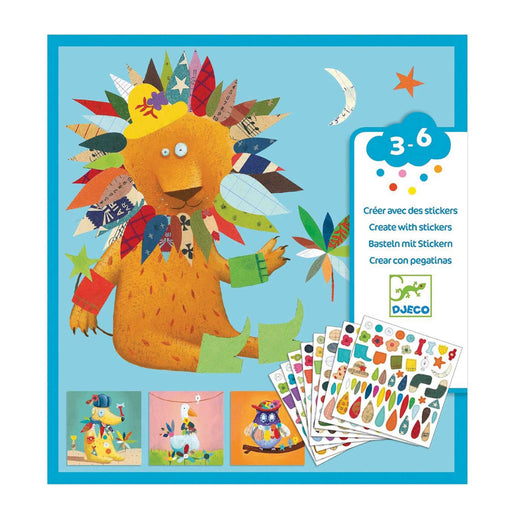 create with stickers animals blue product box showing a orange cartoon lion with multicoloured teardrop shaped stickers around it's head and green boots on feet