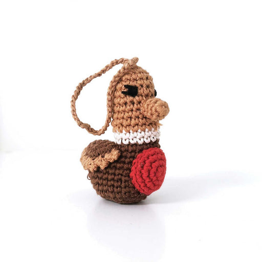 crochet robin shaped hanging christmas decoration with red breast