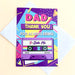 purple, pink, yellow and blue 80s style father's day greeting card with a cassette tape on the cover