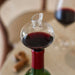 Deluxe Pouring Wine Aerator made of clear glass, sitting in the top of a green wine bottle with red wine in the aerator