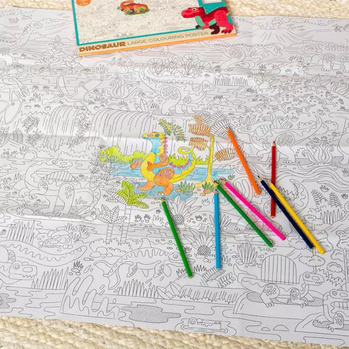 Coloring poster with dinosaur illustrations and colored pencils on a textured surface.