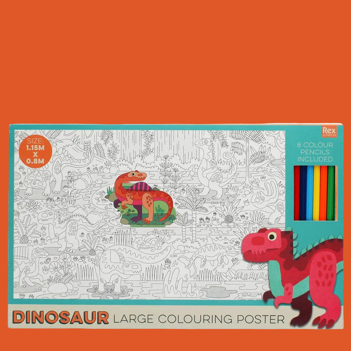 Dinosaur large colouring poster with pencils included on an orange background