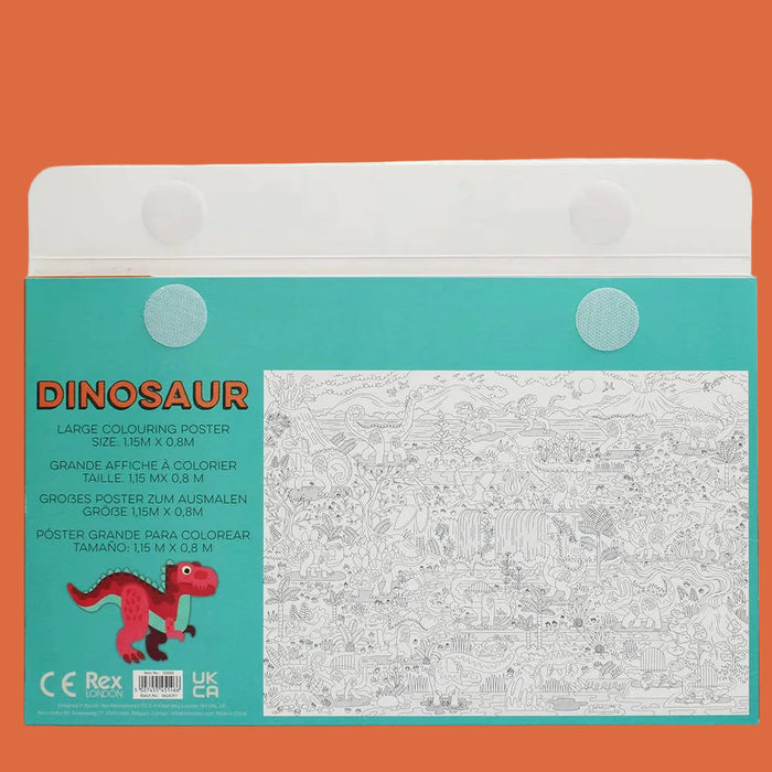 Dinosaur-themed large colouring poster packaging with a red dinosaur illustration on a teal background.