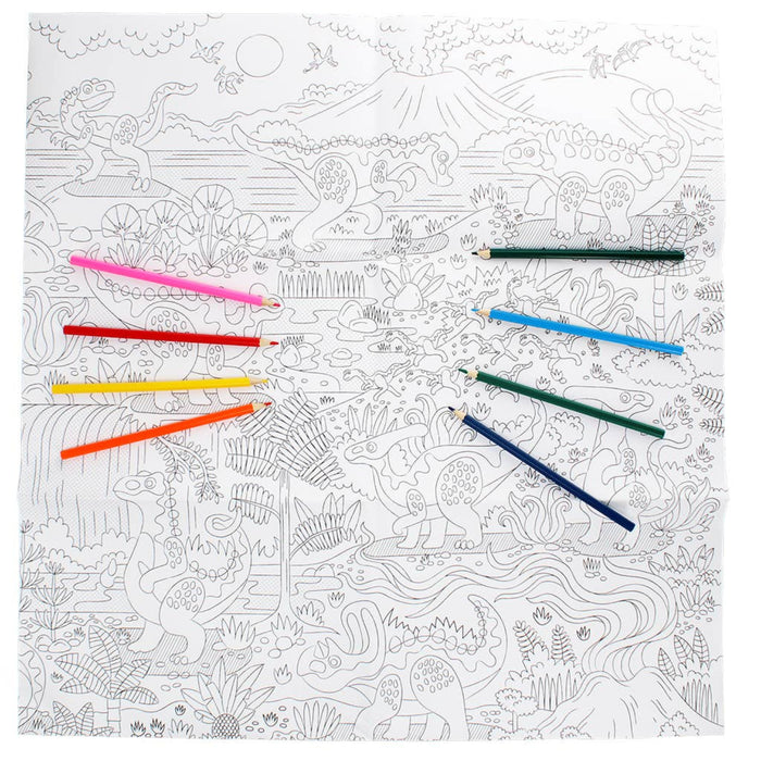 Coloring book with dinosaur illustrations and colored pencils on a white background