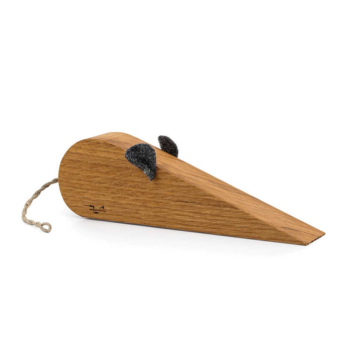 Door Mouse, wooden wedge with two grey felt ears and twisted twine tail