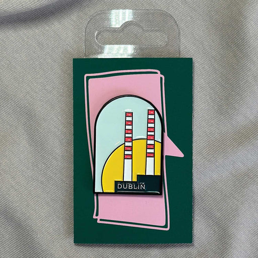 dublin pin with two white and red striped towers